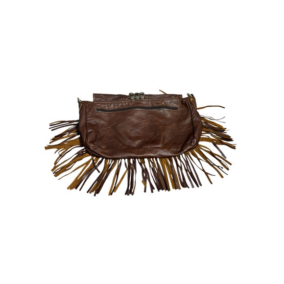 Boho Brown Leather Fringe Clutch Bag Brass Ring Detail Western Festival Bag - Picture 4 of 6